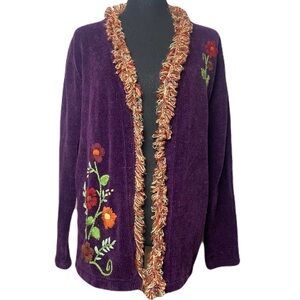 Vintage JTwo New York Chenille Knit Purple Floral Embroidered Cardigan Women's L